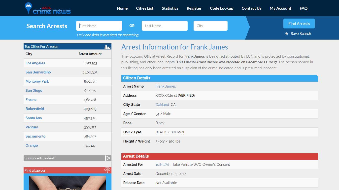 Frank James Arrest Record Details | Local Crime News in Alameda County ...